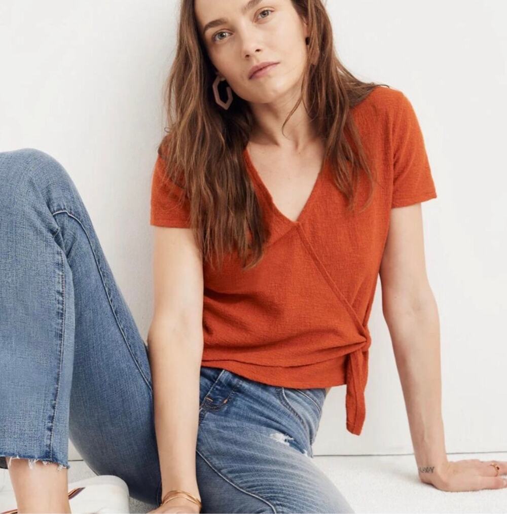 Madewell Texture & Thread Boho Burnt Orange Short Sleeve Faux Wrap Tie Blouse XS